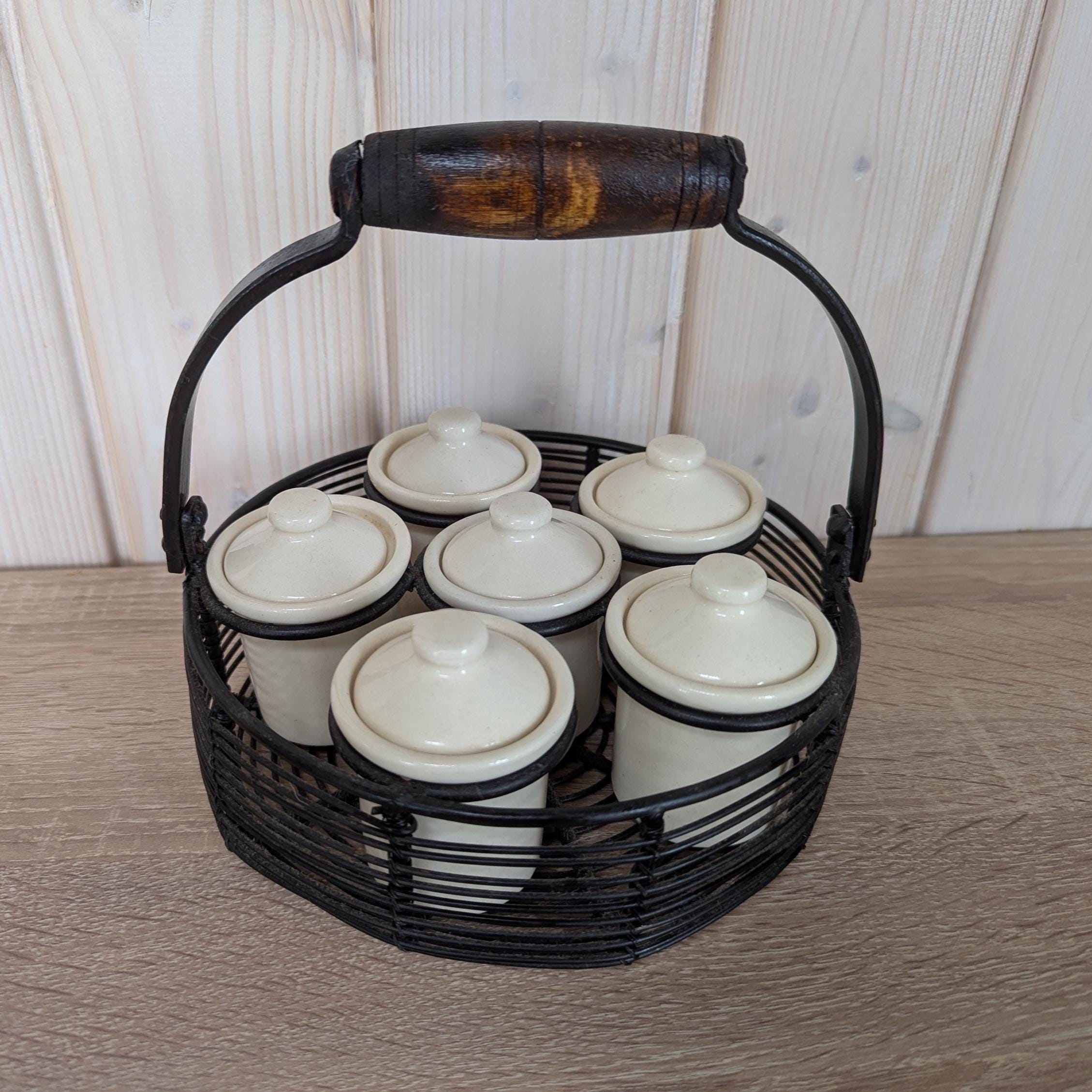 Vintage 1970s Spice Jar Set, Metal Basket with Wood Handle, 6 Ceramic Pots with Lids, Rustic Kitchen Storage