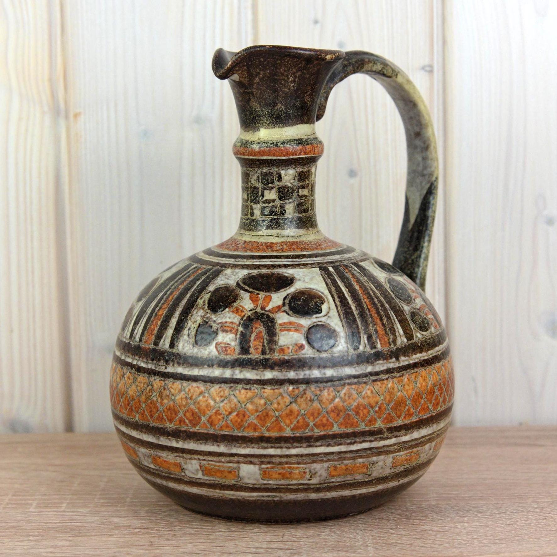 Italica Ars 1017/22 Vintage Italian Ceramic Jug, Mid Century Pottery Pitcher, Hand Painted Geometric Decor, 21.5 cm