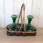 Empoli Green Glass Decanter Set with Stoppers and Wicker Basket Carrier, Italy 1960s