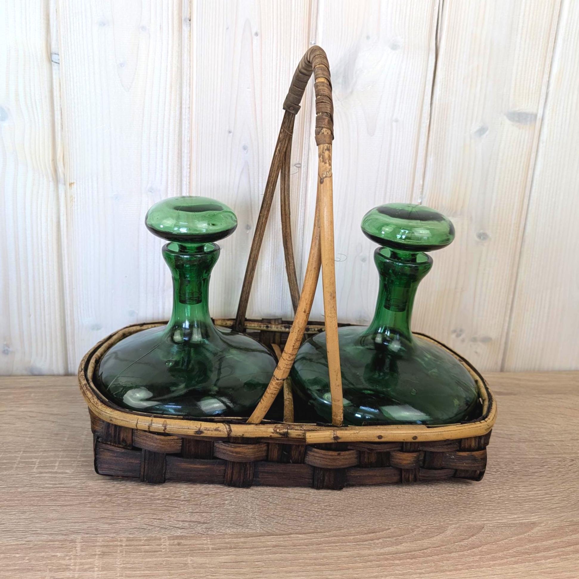 Empoli Green Glass Decanter Set with Stoppers and Wicker Basket Carrier, Italy 1960s
