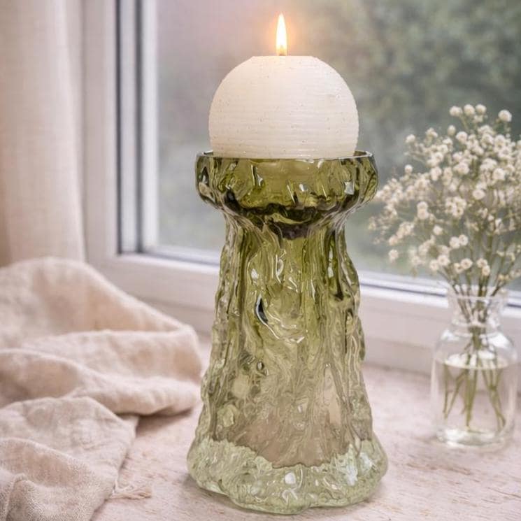 Vintage salbei green glass vase candleholder, Ingrid Glas, textured art glass, Germany, 1970s