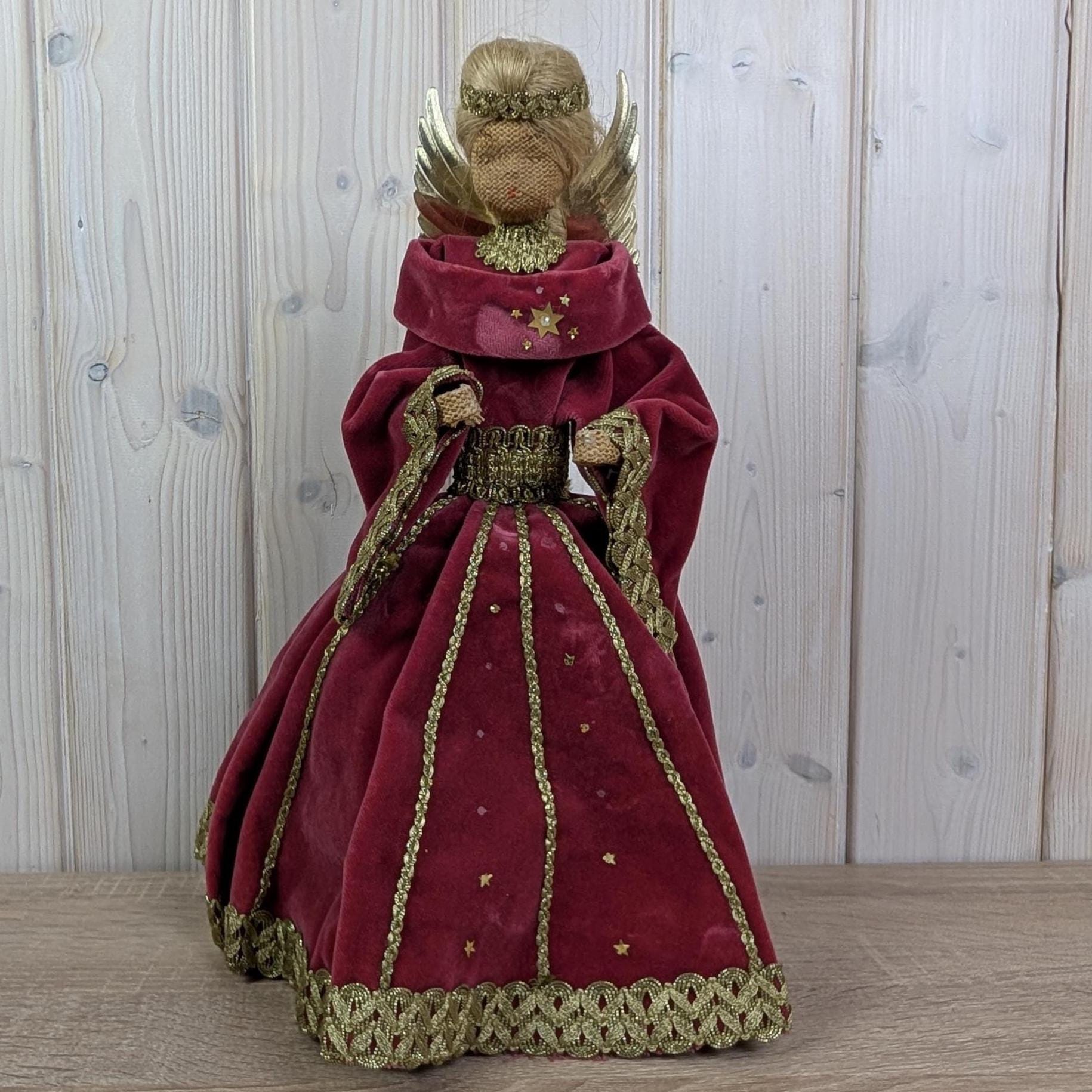 Vintage Angel Tree Topper Velvet Dress Gold Wings Christmas Decor