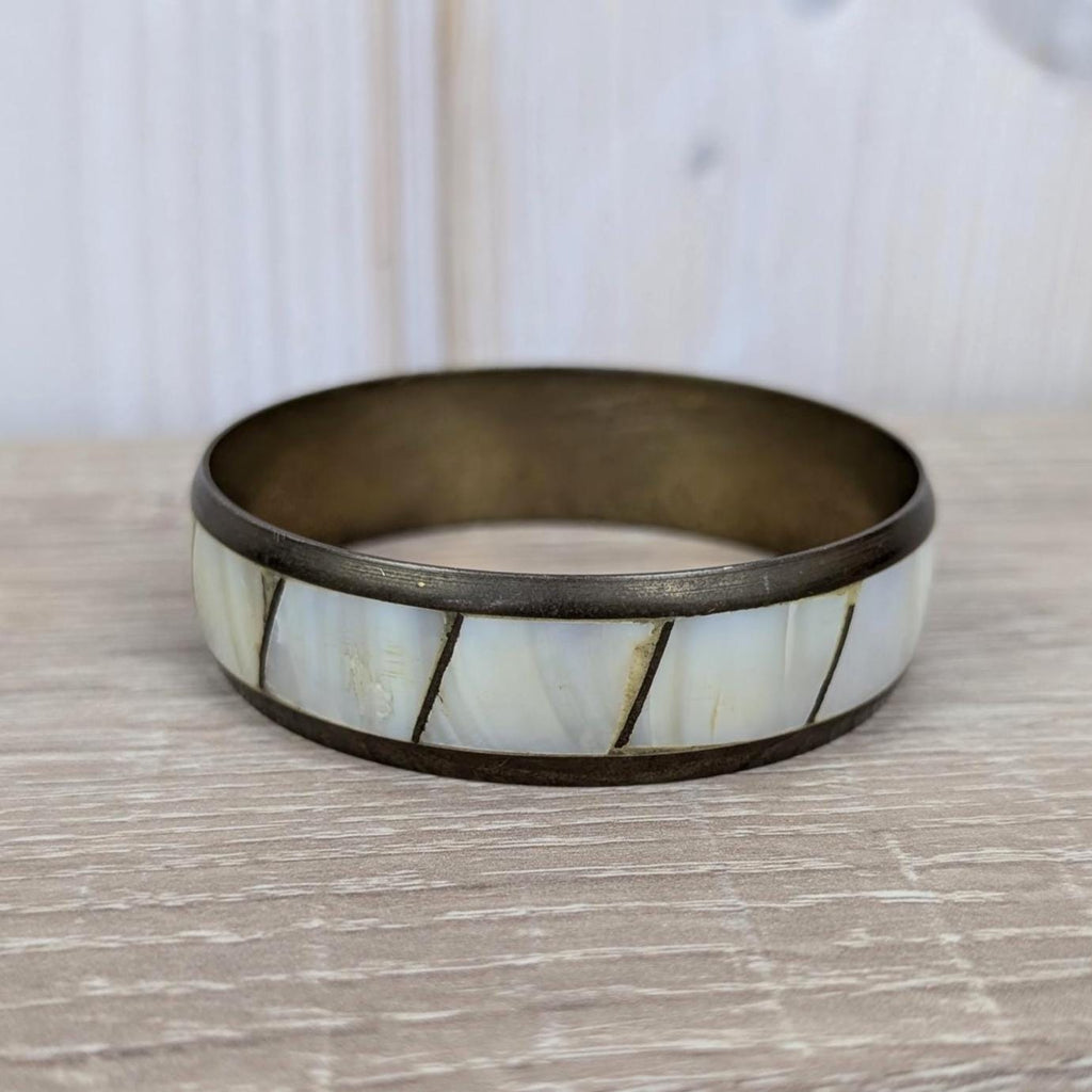 Vintage Mother of Pearl Bangle Set, Shell Inlay Brass Bracelets, 1960s 1970s Boho Jewelry