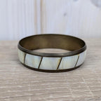 Vintage Mother of Pearl Bangle Set, Shell Inlay Brass Bracelets, 1960s 1970s Boho Jewelry