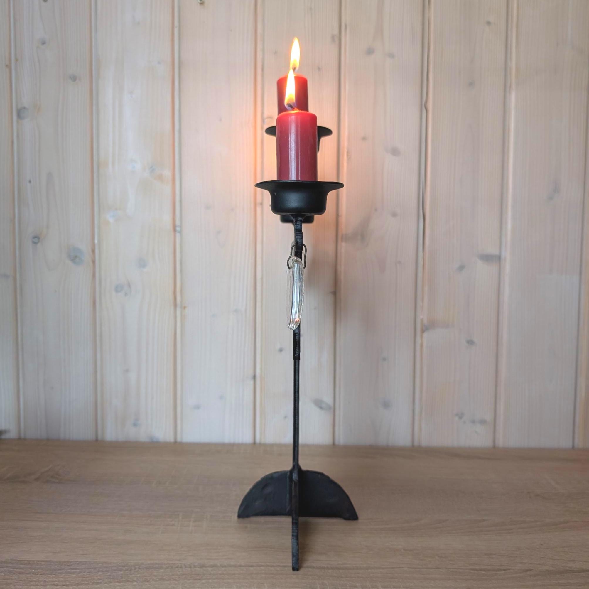 Boda Smide Bertil Vallien Swedish Wrought Iron Candelabra, Tree of Life, 3-Arm, Glass Ornaments, 1970s Scandinavian