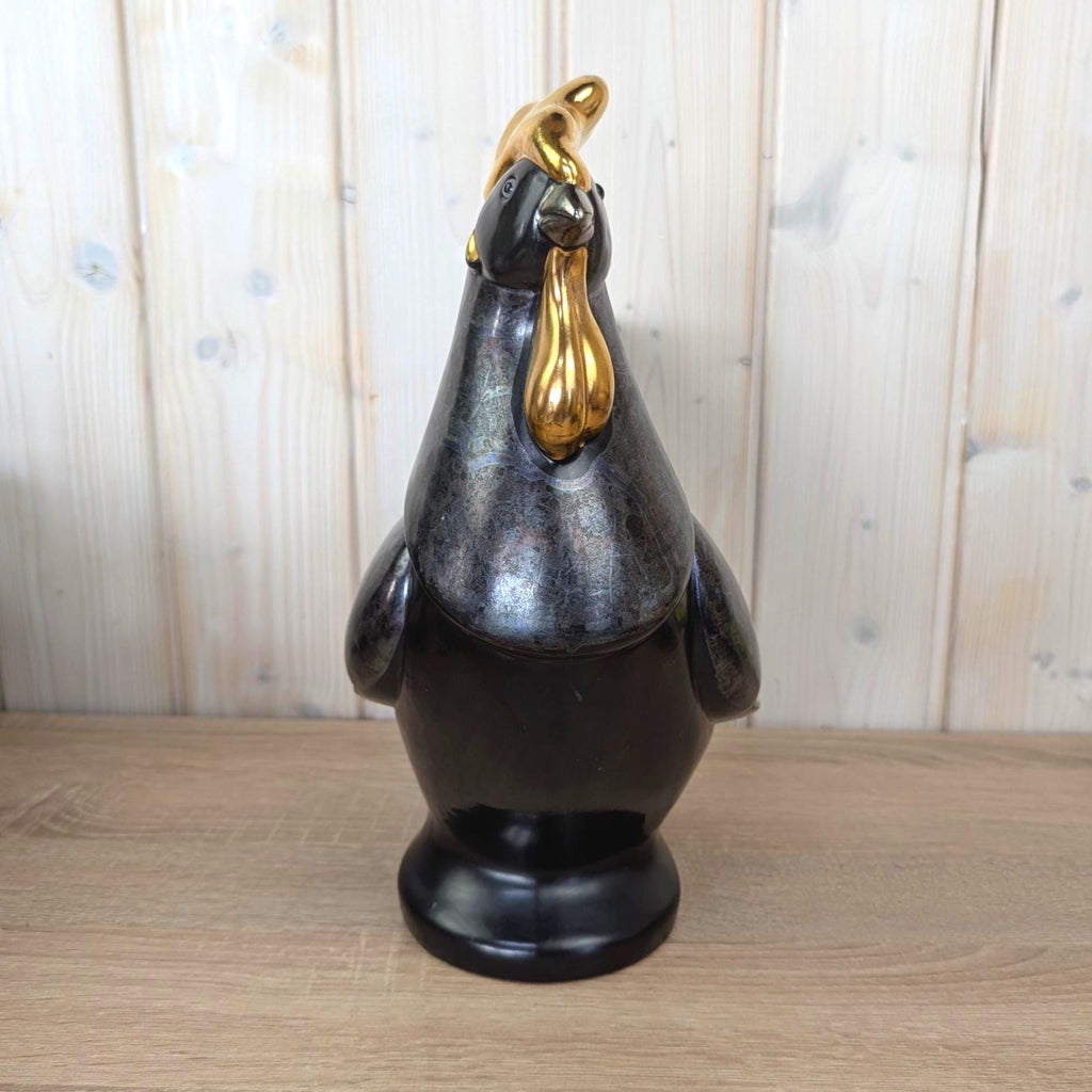 Gilde Handwerk Rooster Figurine Black Gold, Large Ceramic Cockerel Statue, Art Deco Home Decor, German Decorative Figure, 1980s