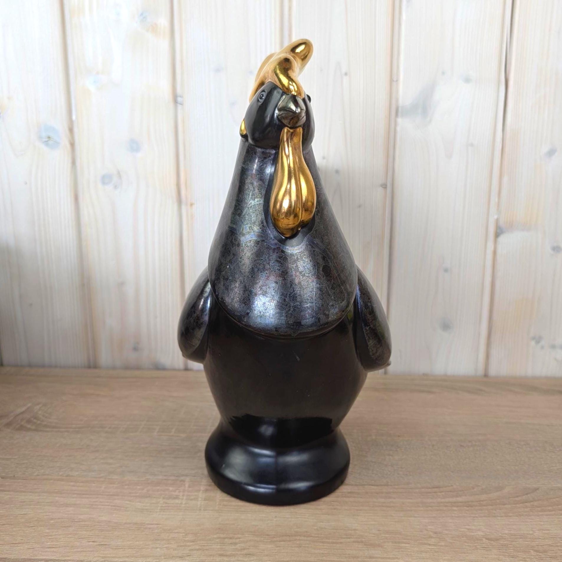 Gilde Handwerk Rooster Figurine Black Gold, Large Ceramic Cockerel Statue, Art Deco Home Decor, German Decorative Figure, 1980s