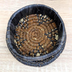 African Coiled Grass Basket with Lid, Geometric Pattern, Hand Woven, Natural Brown Black, Tribal Folk Art, 1970s 1980s