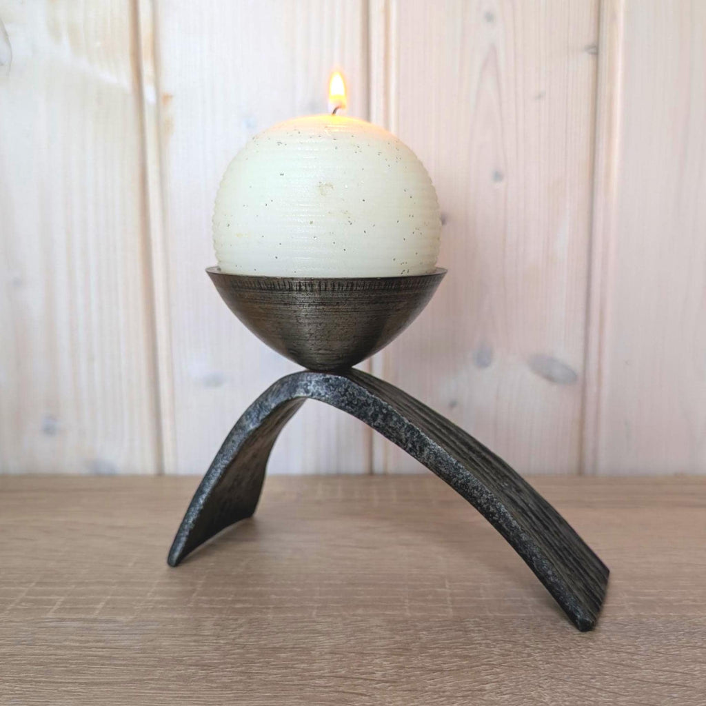 Brutalist Forged Iron Candleholder, Sculptural Two-Leg Base, Metal Cup, Mid Century Modern, 1960s