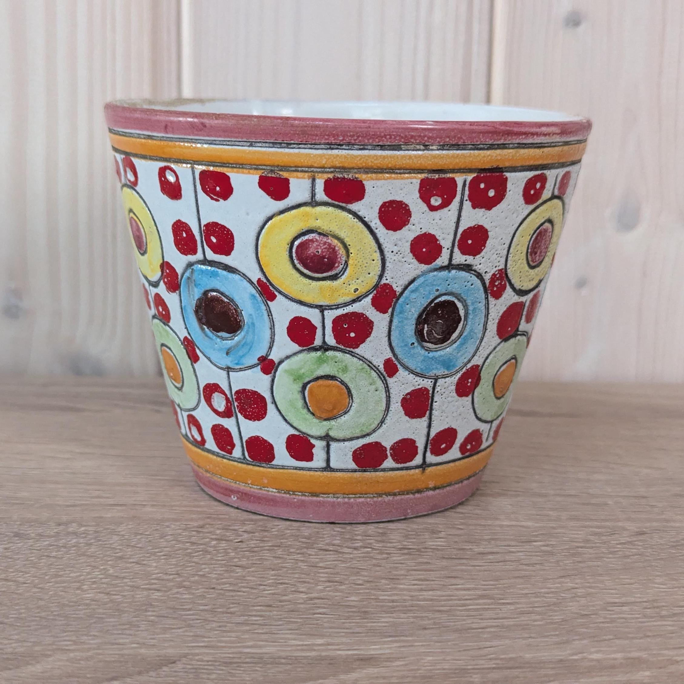 Colorful Italian Ceramic Planter, 1970s Art Pottery Flower Pot, Retro Mid Century Decor