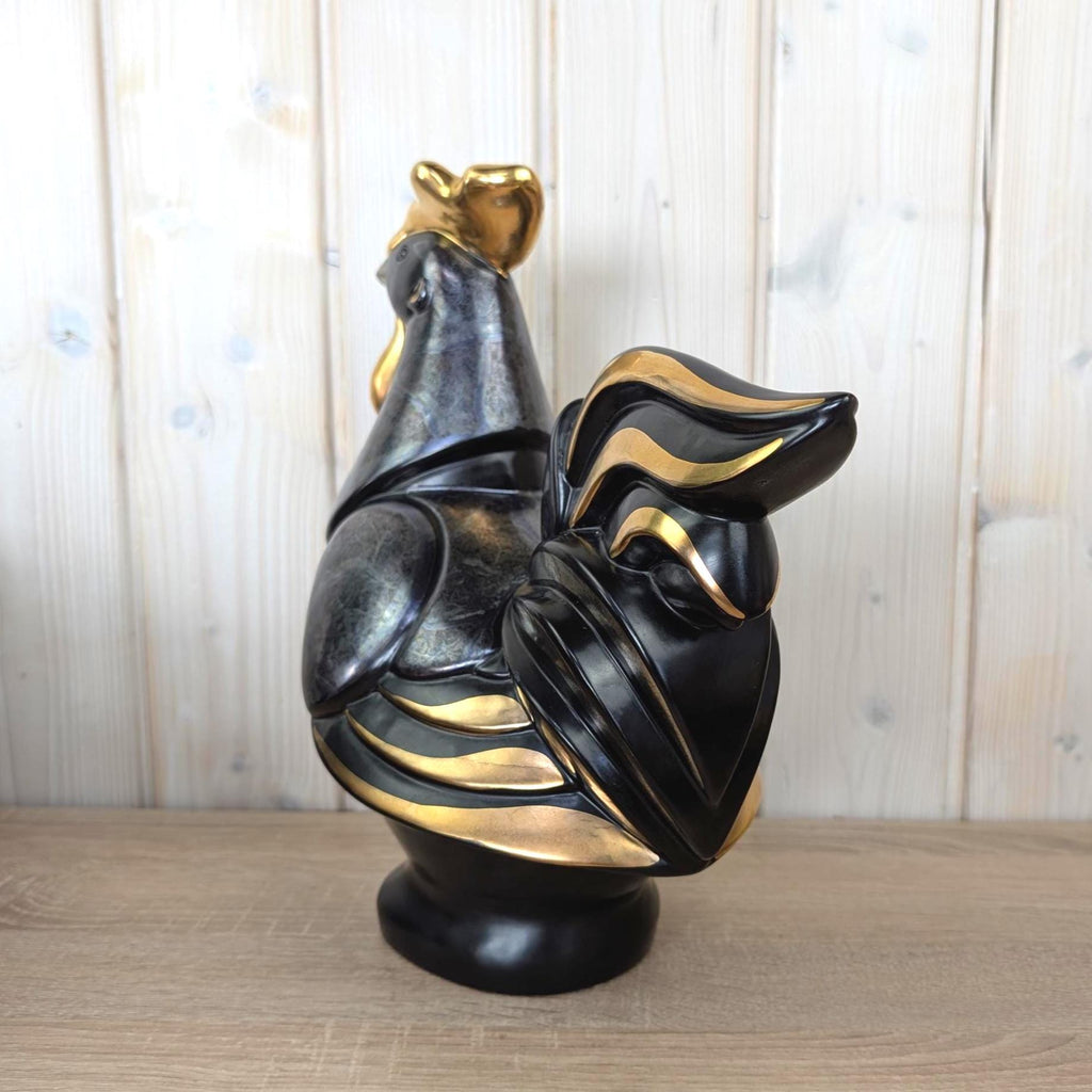 Gilde Handwerk Rooster Figurine Black Gold, Large Ceramic Cockerel Statue, Art Deco Home Decor, German Decorative Figure, 1980s