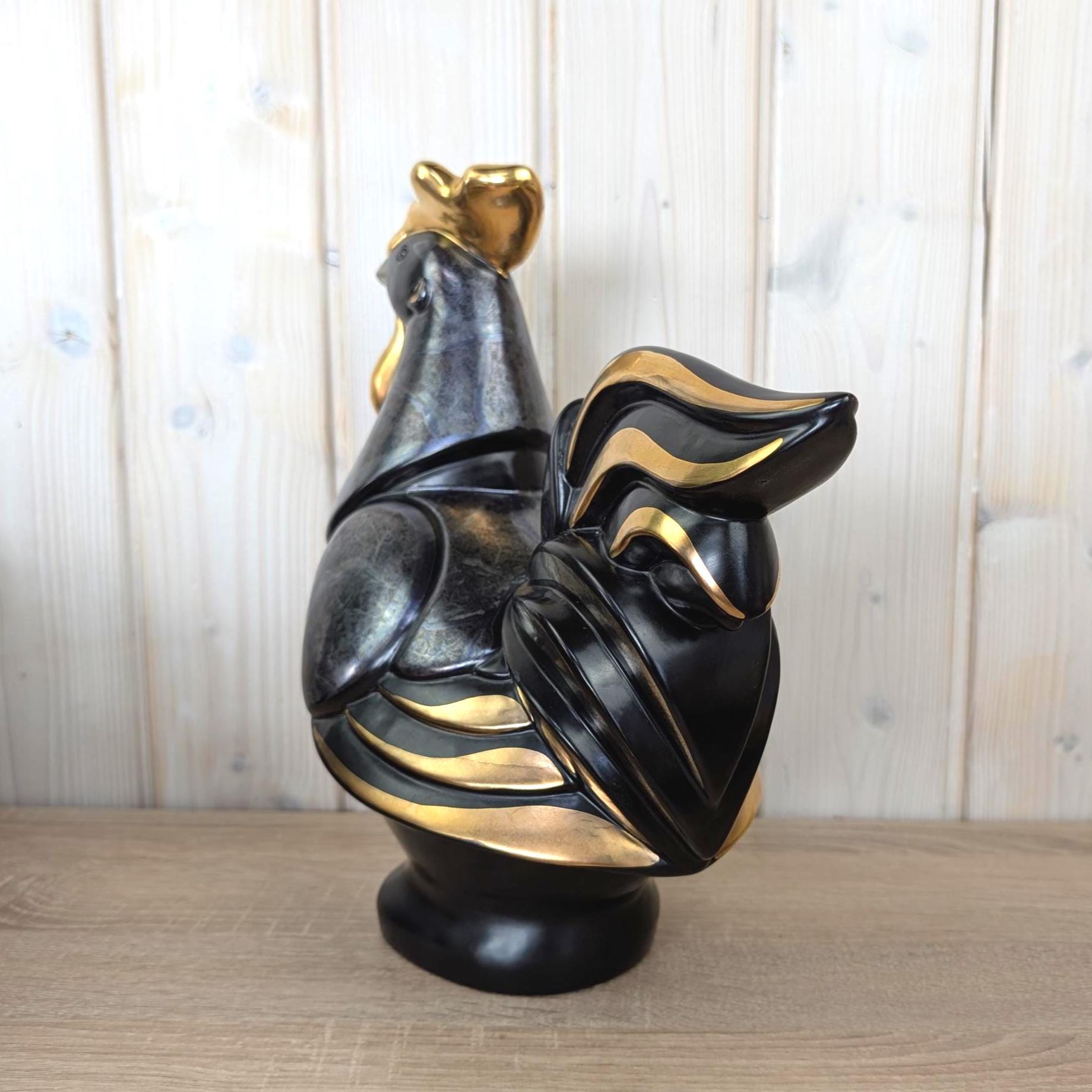 Gilde Handwerk Rooster Figurine Black Gold, Large Ceramic Cockerel Statue, Art Deco Home Decor, German Decorative Figure, 1980s