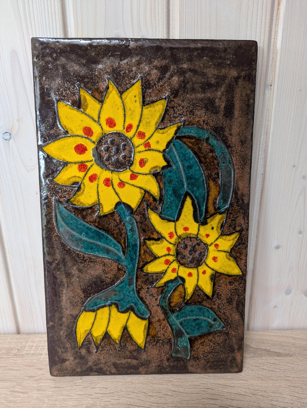 1970 Ruscha 767 Sunflowers Wall Hanging Vintage German Ceramic Art
