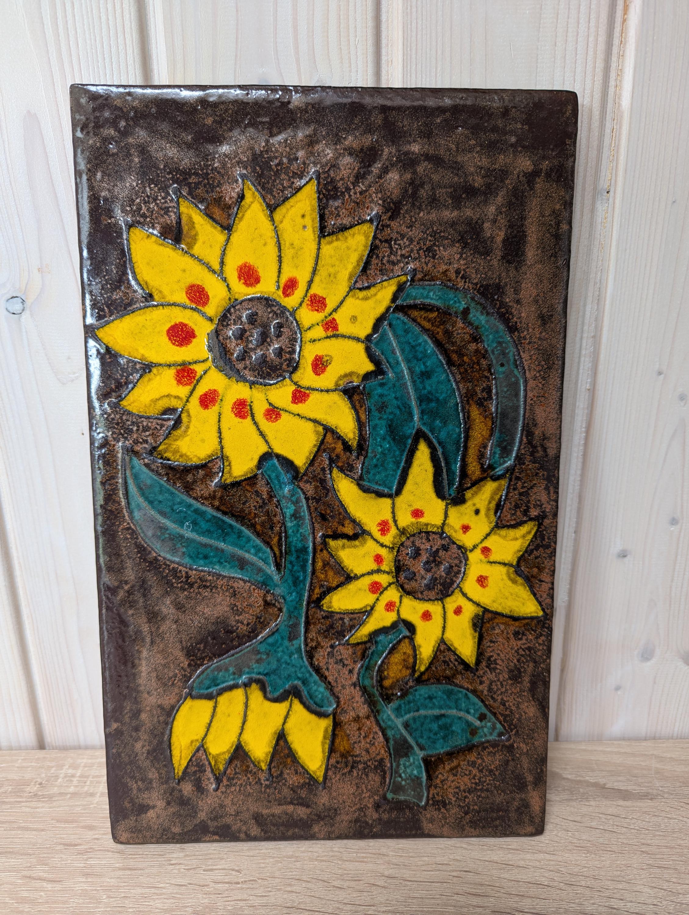 1970 Ruscha 767 Sunflowers Wall Hanging Vintage German Ceramic Art