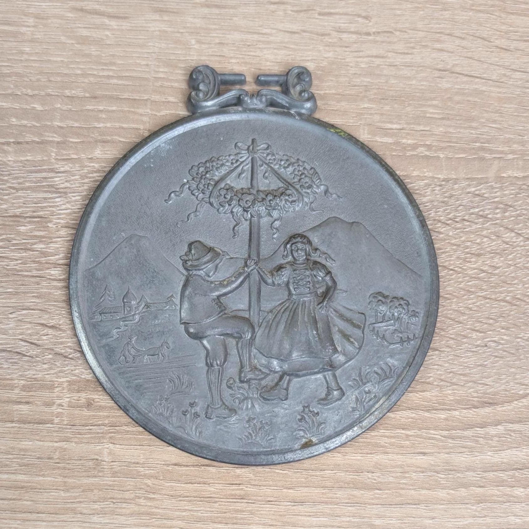 German Pewter Wall Medallions Set of 4, Four Seasons Folk Art, Zinn Embossed Plaques with Ribbon Hanger, Vintage 1960s 1970s