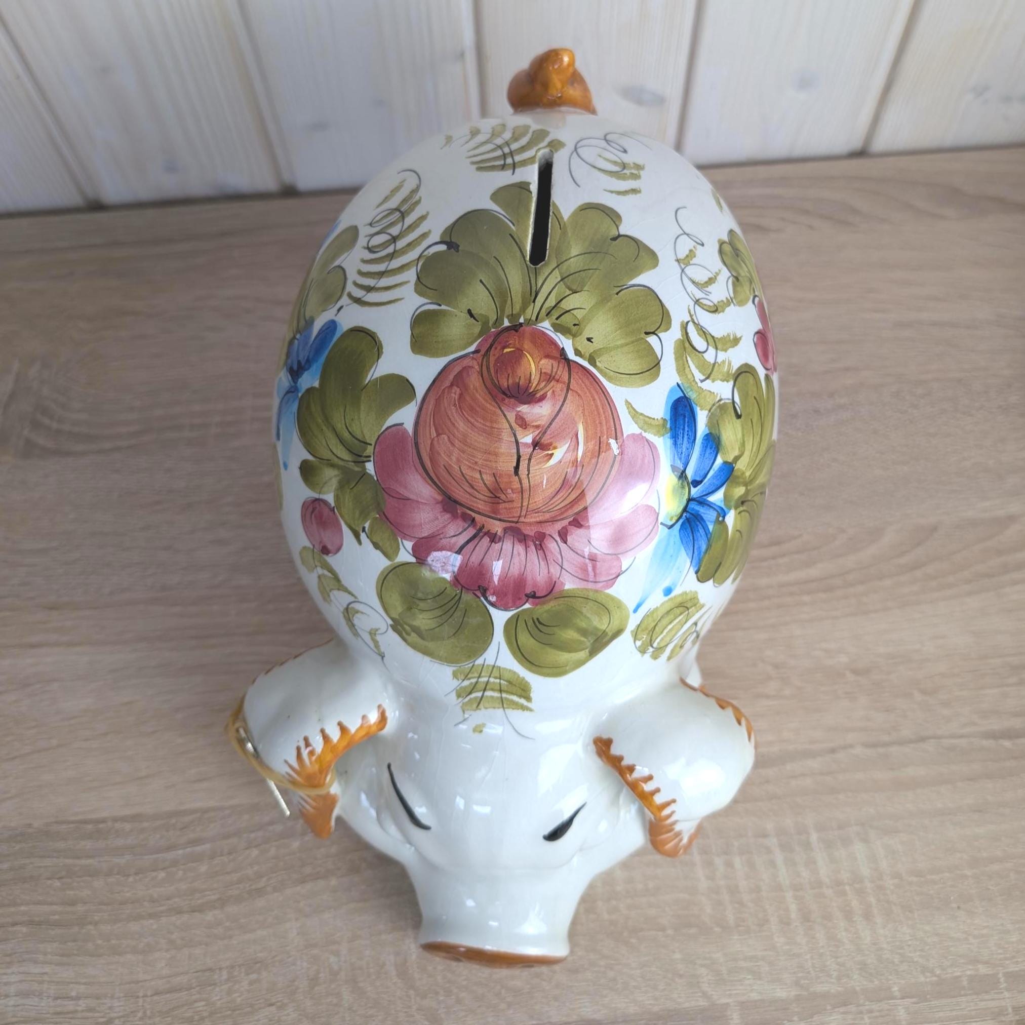 Kirsch Keramik Piggy Bank, Hand Painted Floral Ceramic, Coin Bank with Lock and Key, West German, 1960s