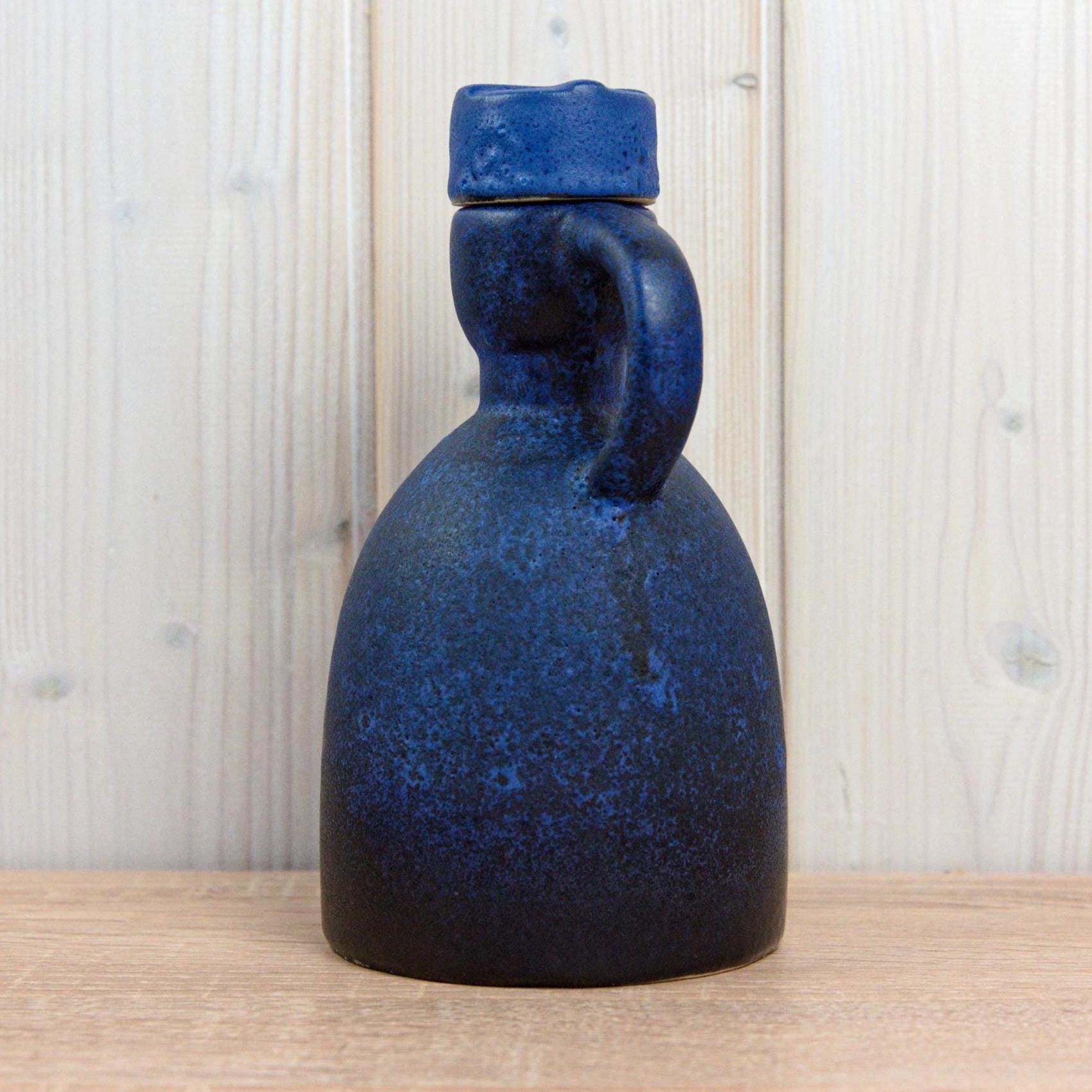 Ruscha 312 Vintage West German Pottery Jug with Stopper, Mid Century Blue Ceramic Bottle Vase