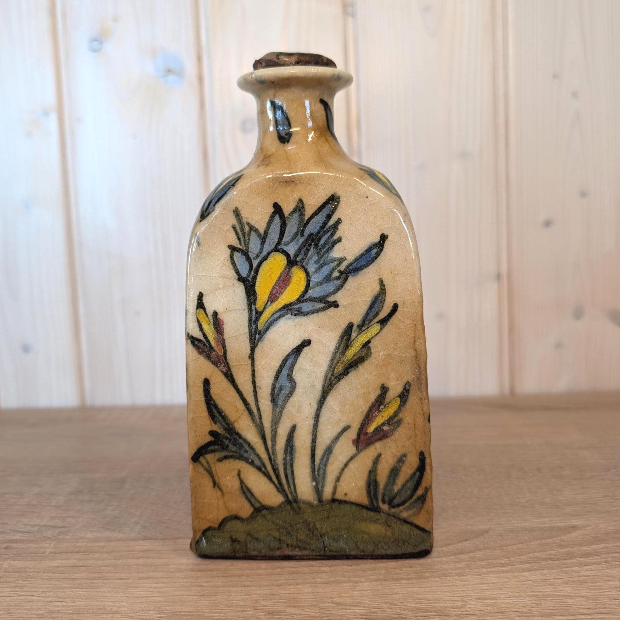 Antique charm, ceramic handpainted red floral bottle, European origin, early 1900s