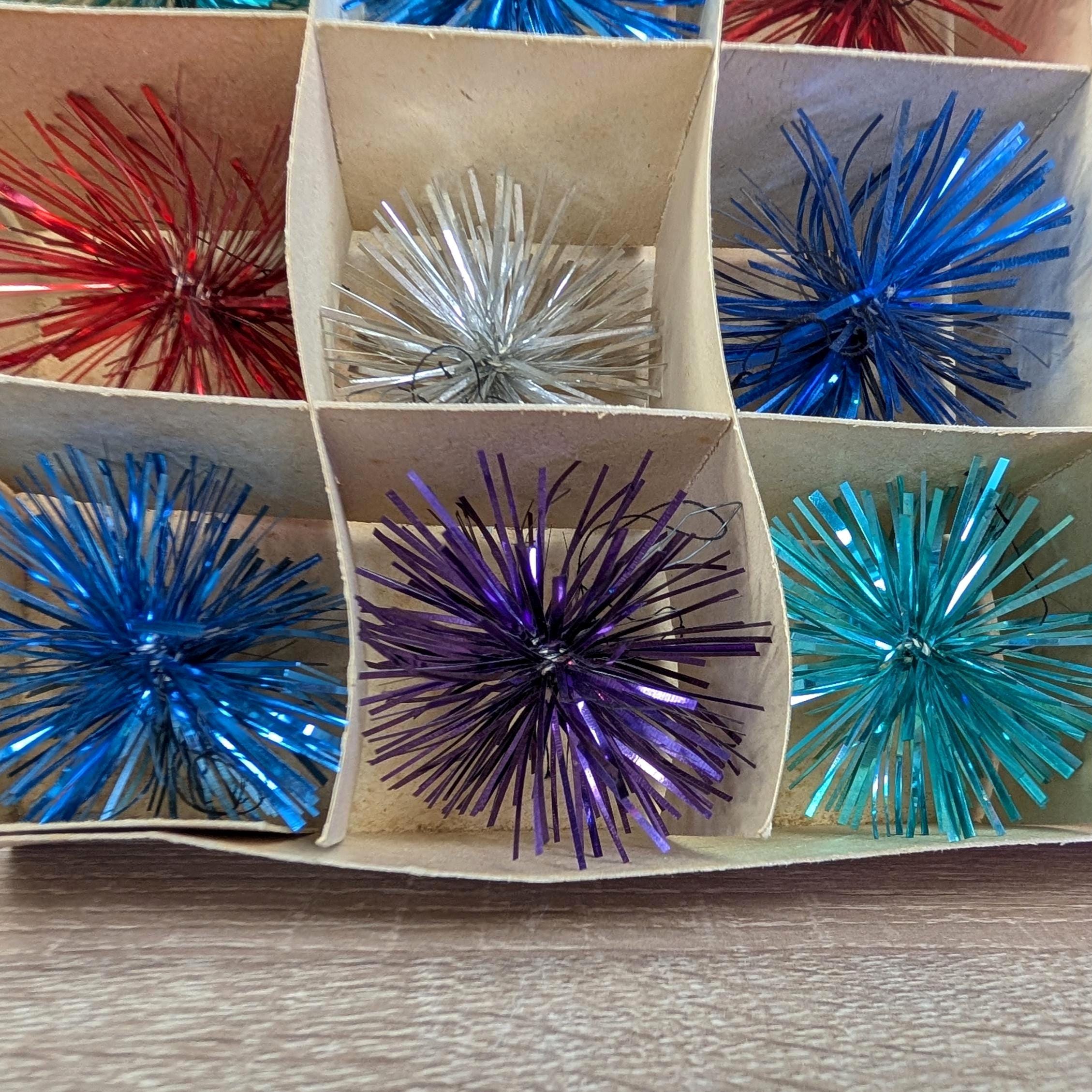 Colorful Woolco Tinsel Pom Pom Ornaments, Christmas Tree Decor, Mid Century, Vintage Set