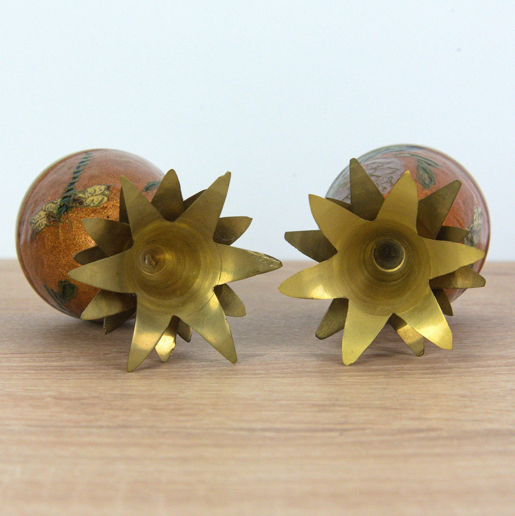 Adorable Cloisonné Pineapple Candle Holders - Vintage - Brass- Dragonfly & Flowers Enamel