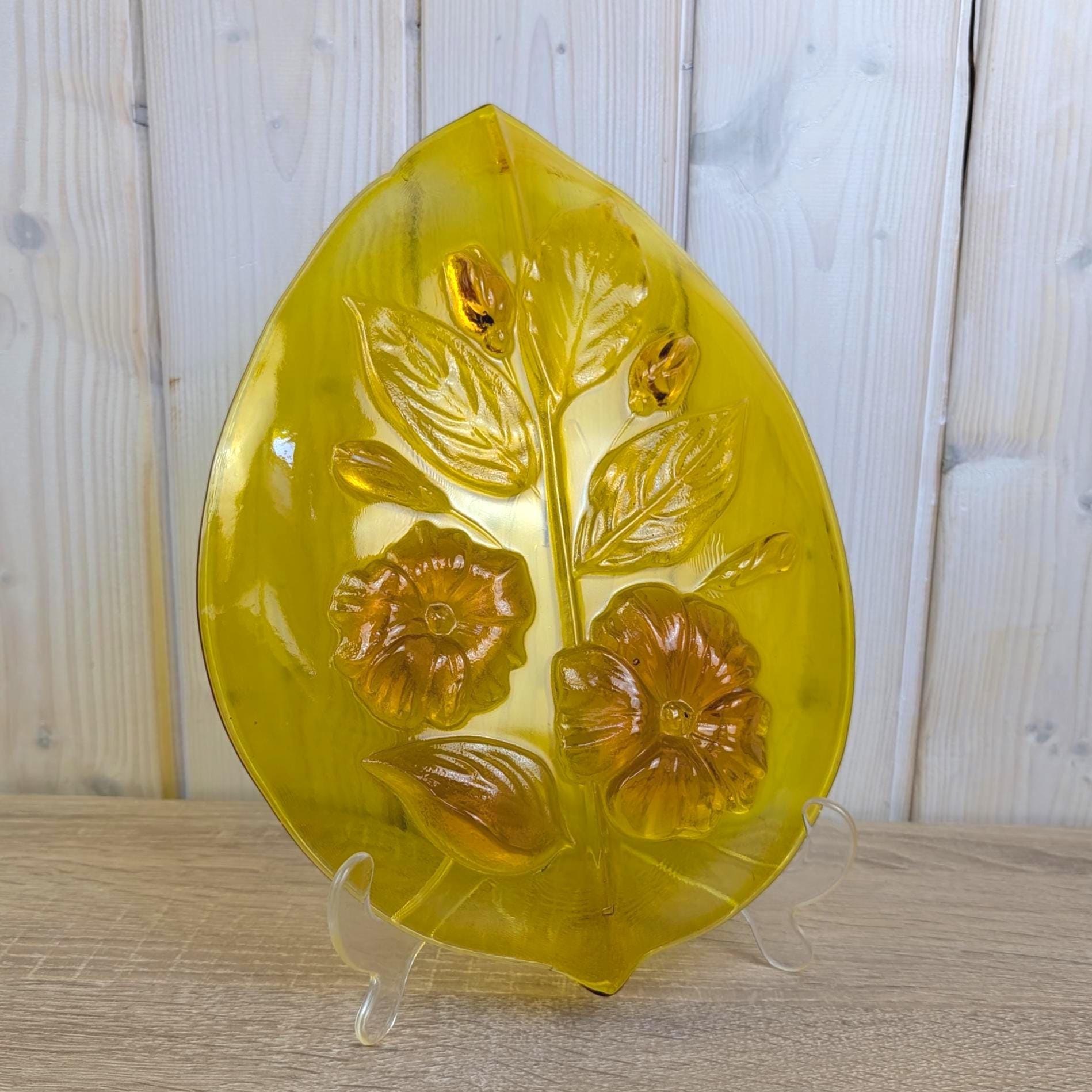 Vintage Amber Glass Leaf Dish, Floral Relief, European Pressed Glass, Mid-Century