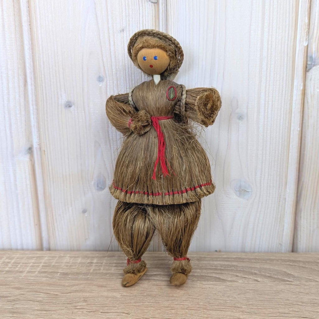 Polish Sisal Folk Doll Set of 3, Mother with Girl and Boy, PRL State Craft, Hand Made Poland, Folk Art, 1960s 1970s