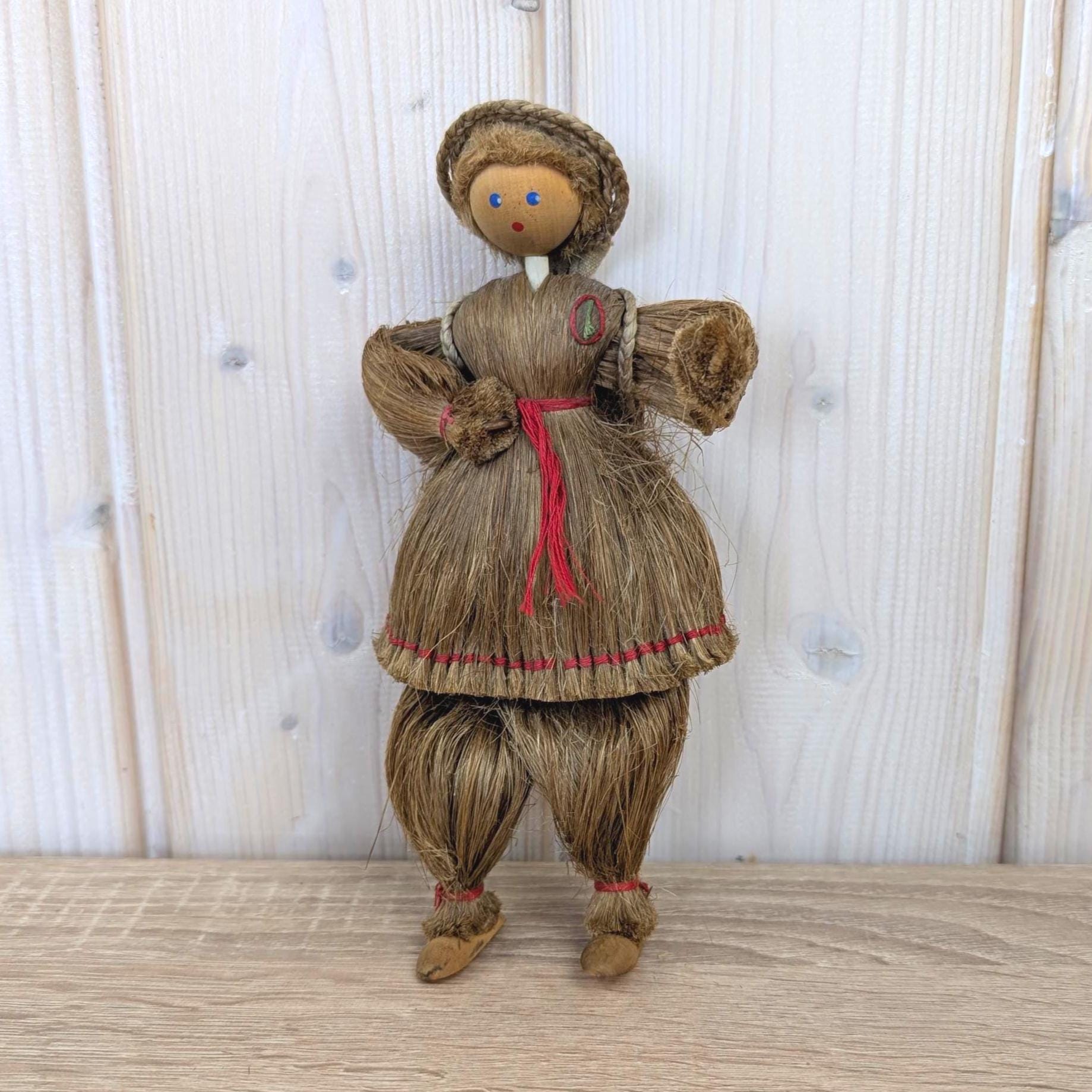 Polish Sisal Folk Doll Set of 3, Mother with Girl and Boy, PRL State Craft, Hand Made Poland, Folk Art, 1960s 1970s