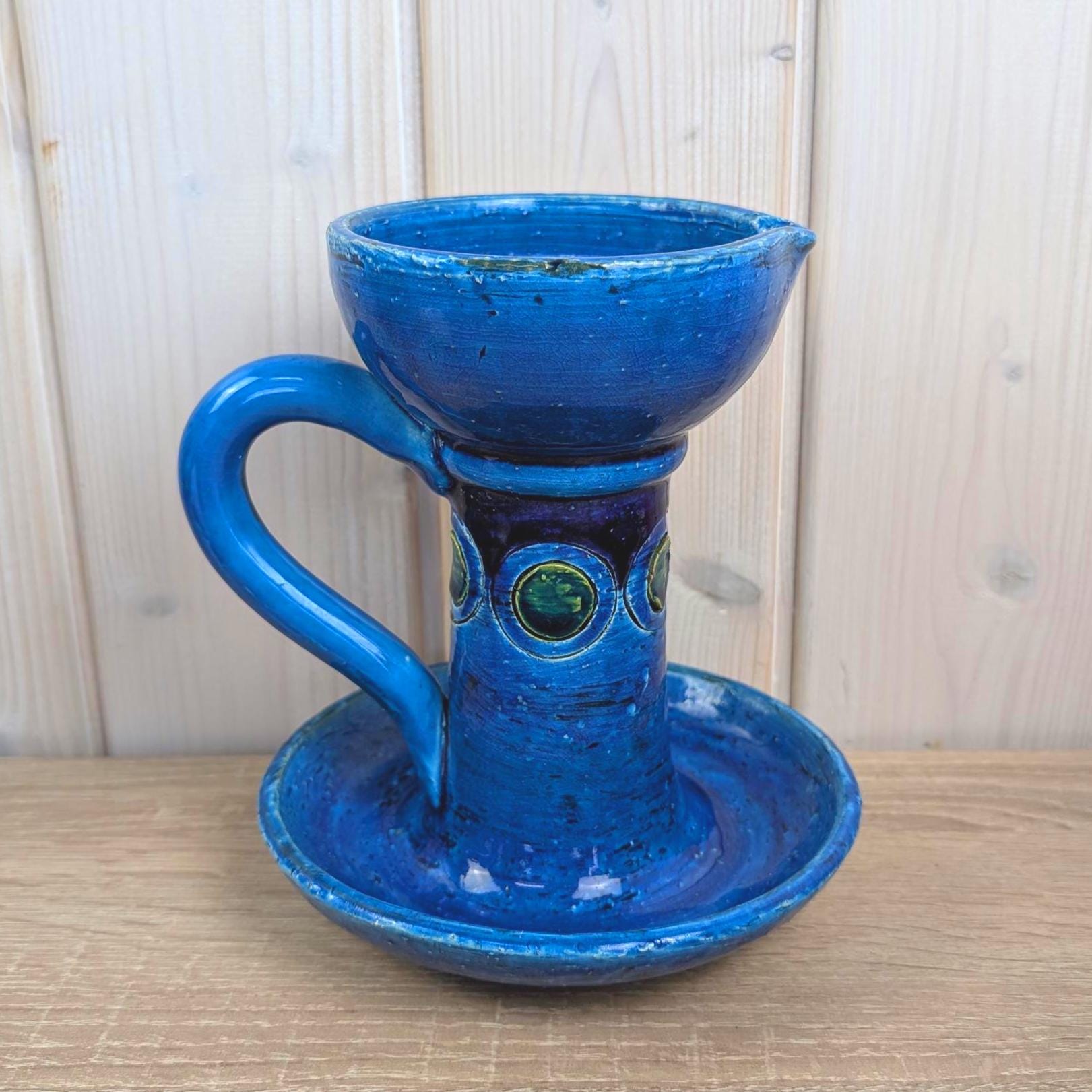 Bitossi Ikano Blue Chamberstick Candle Holder, Aldo Londi, Made in Italy, 1960s