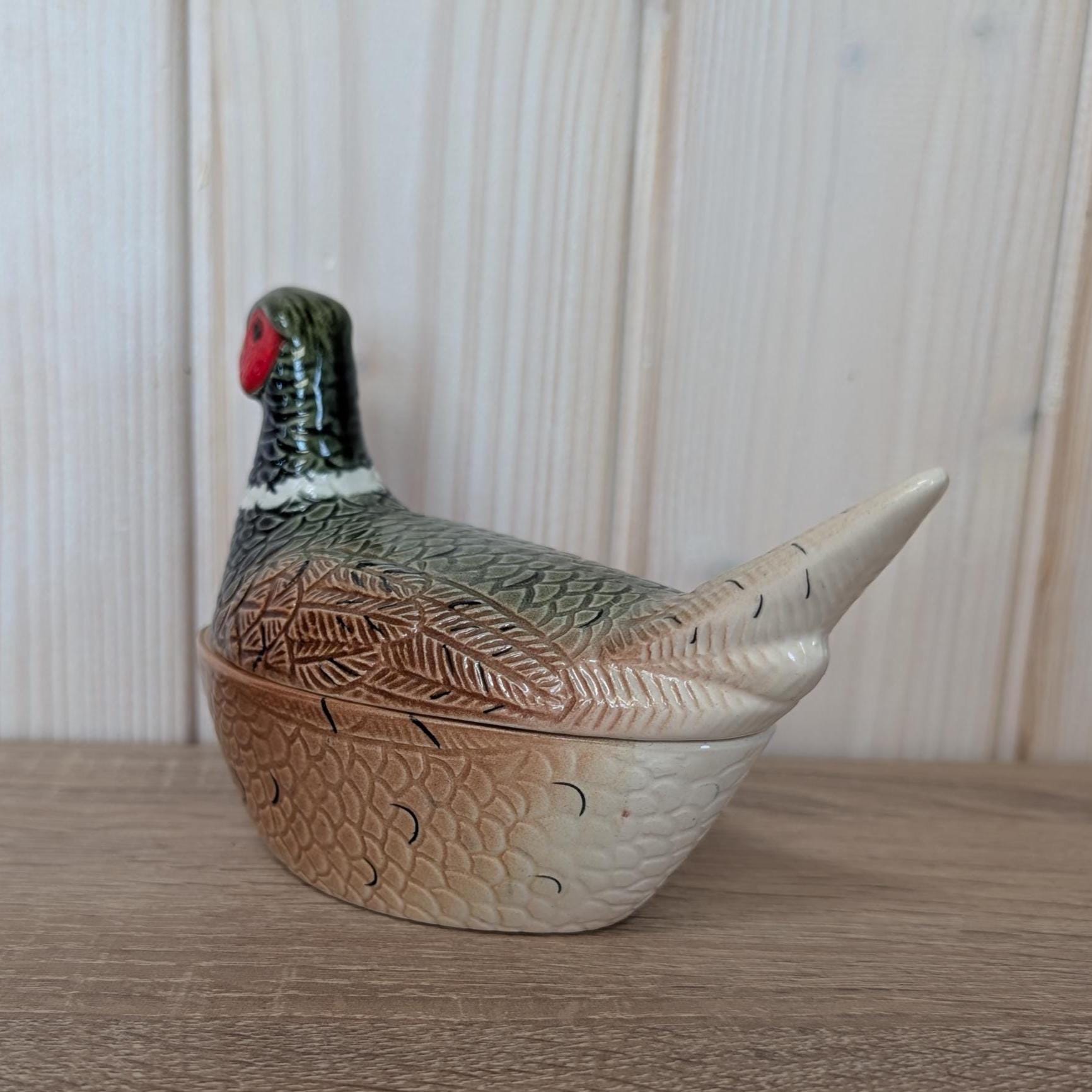 Vintage Michel Cougant Pheasant Dish, French Faience Lidded Bird Box