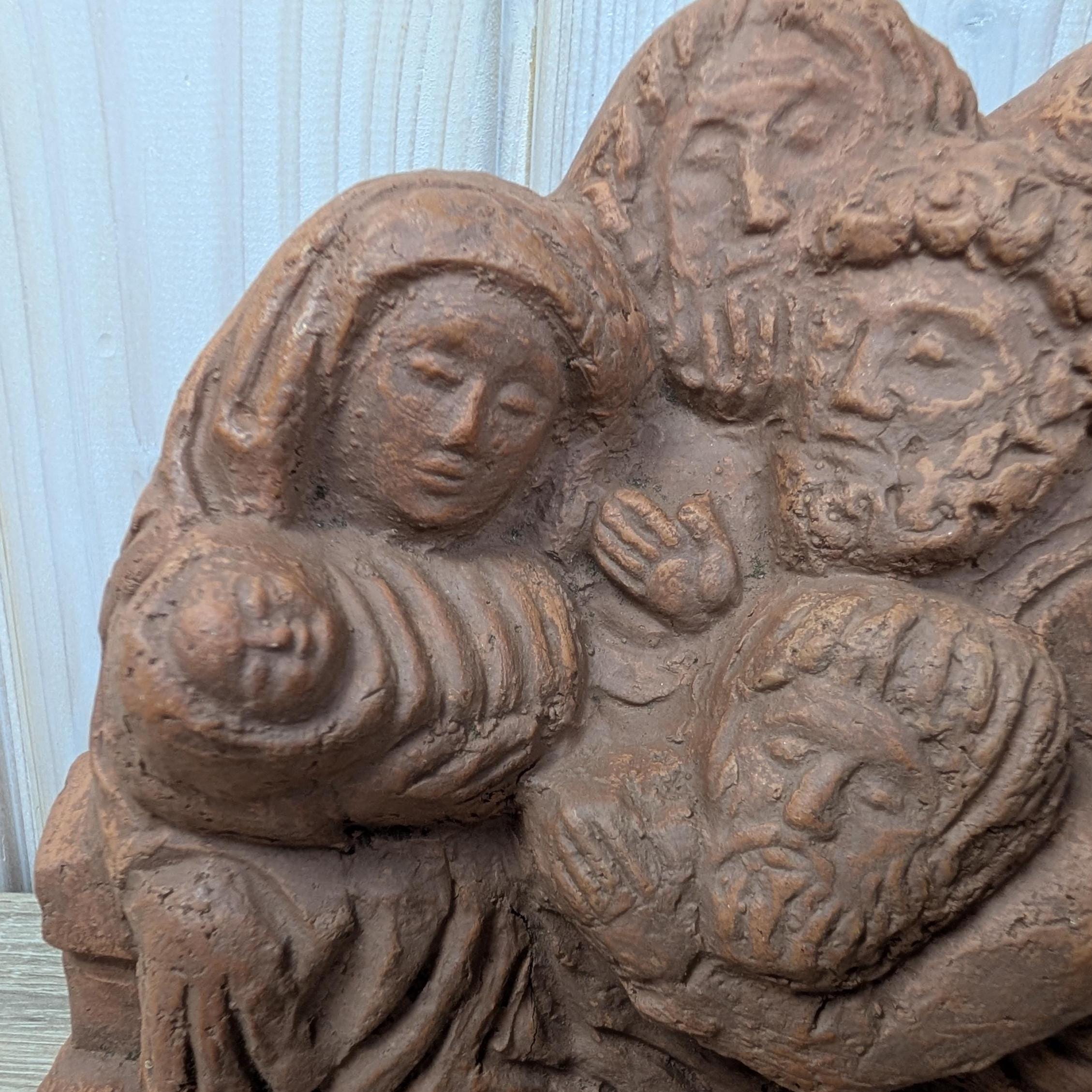 Terracotta nativity sculpture, handmade European studio piece, 1975 dated