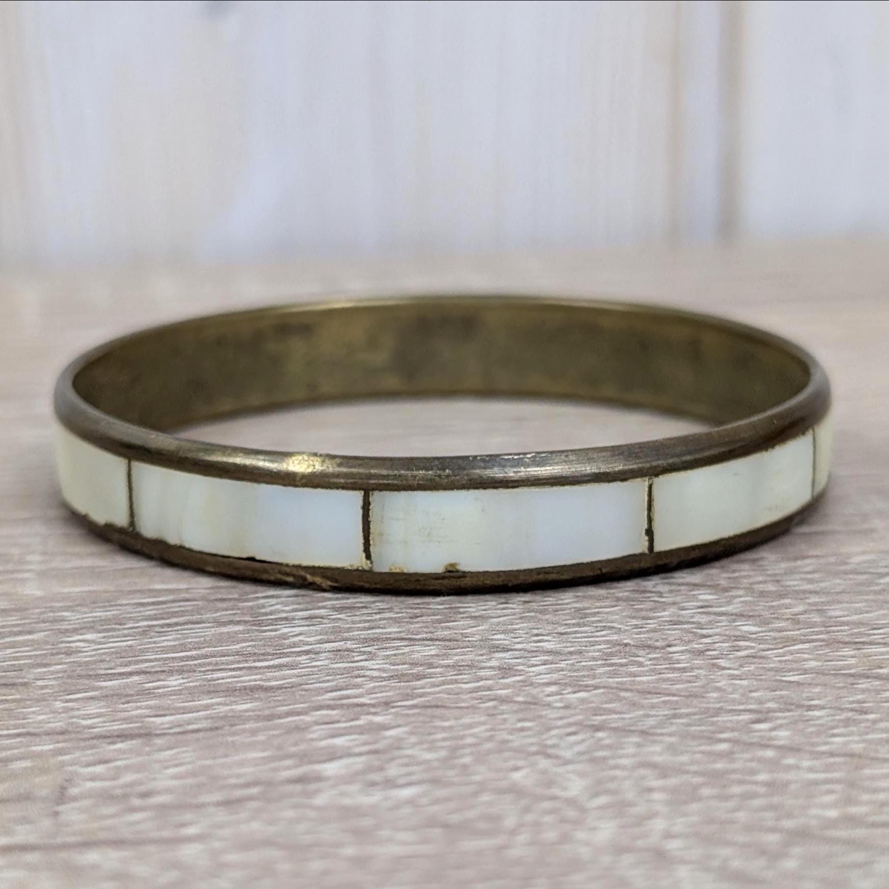 Vintage Mother of Pearl Bangle Set, Shell Inlay Brass Bracelets, 1960s 1970s Boho Jewelry