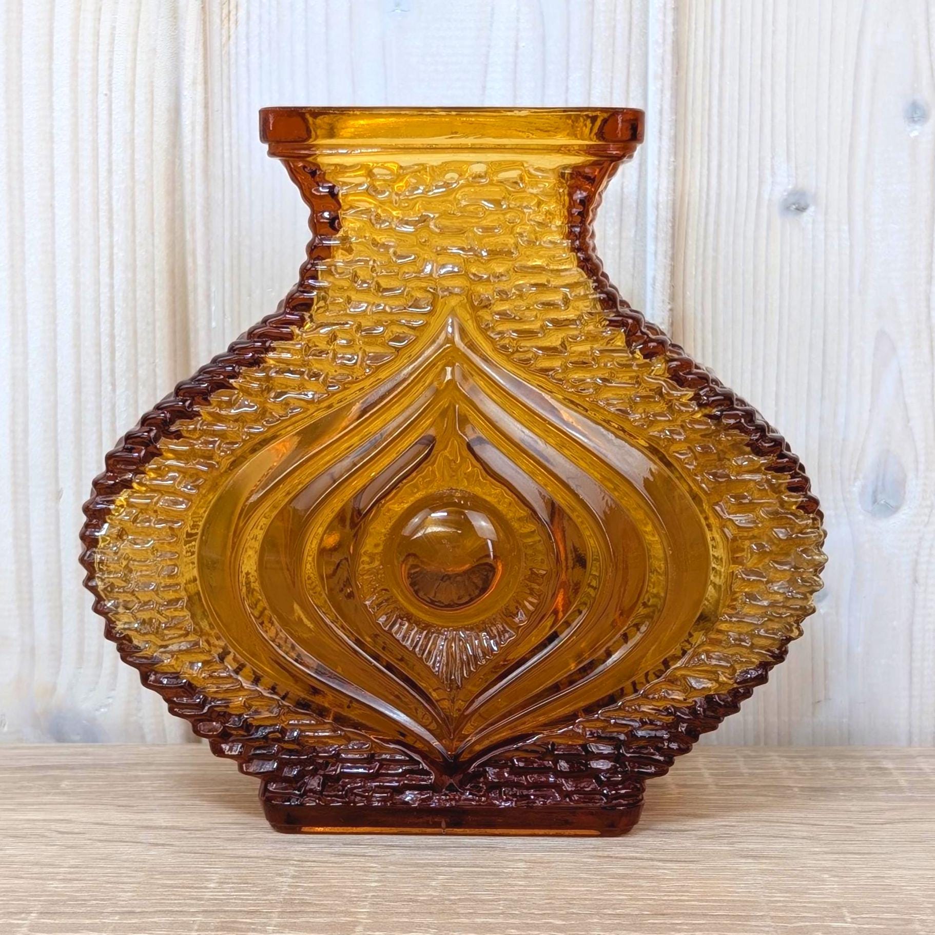 Oberglas Eye Amber Glass Vase Pressed Glass Austria, 1970s