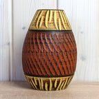 Akru Klinker 18-17 Vase West Germany, Mid Century Ceramic, Carved Geometric Decor Brown Yellow Pottery
