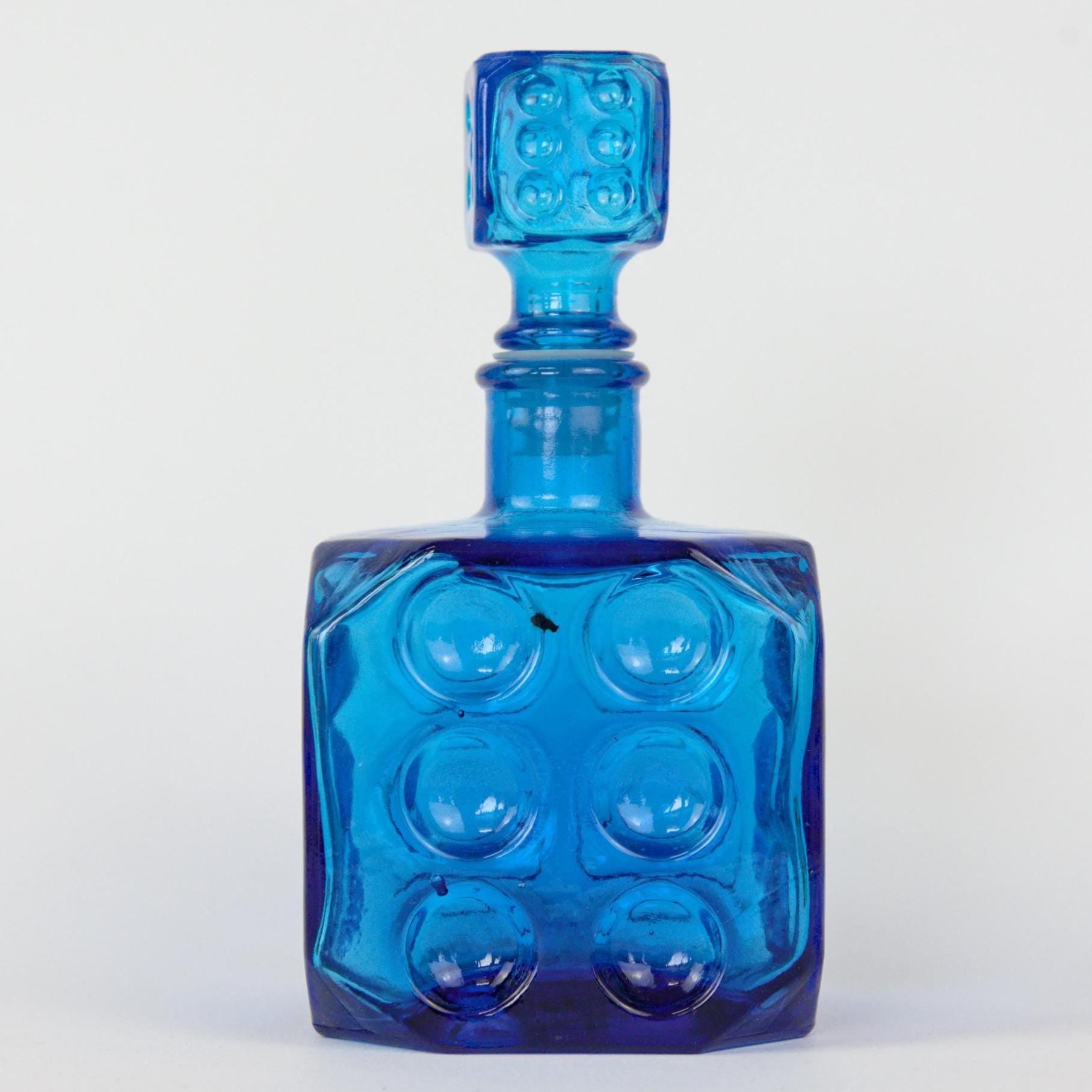 Empoli Italian Blue Glass Decanter, Cube Form, Bubble Relief, Dice Stopper, 1960s Mid-Century Art Glass Italy
