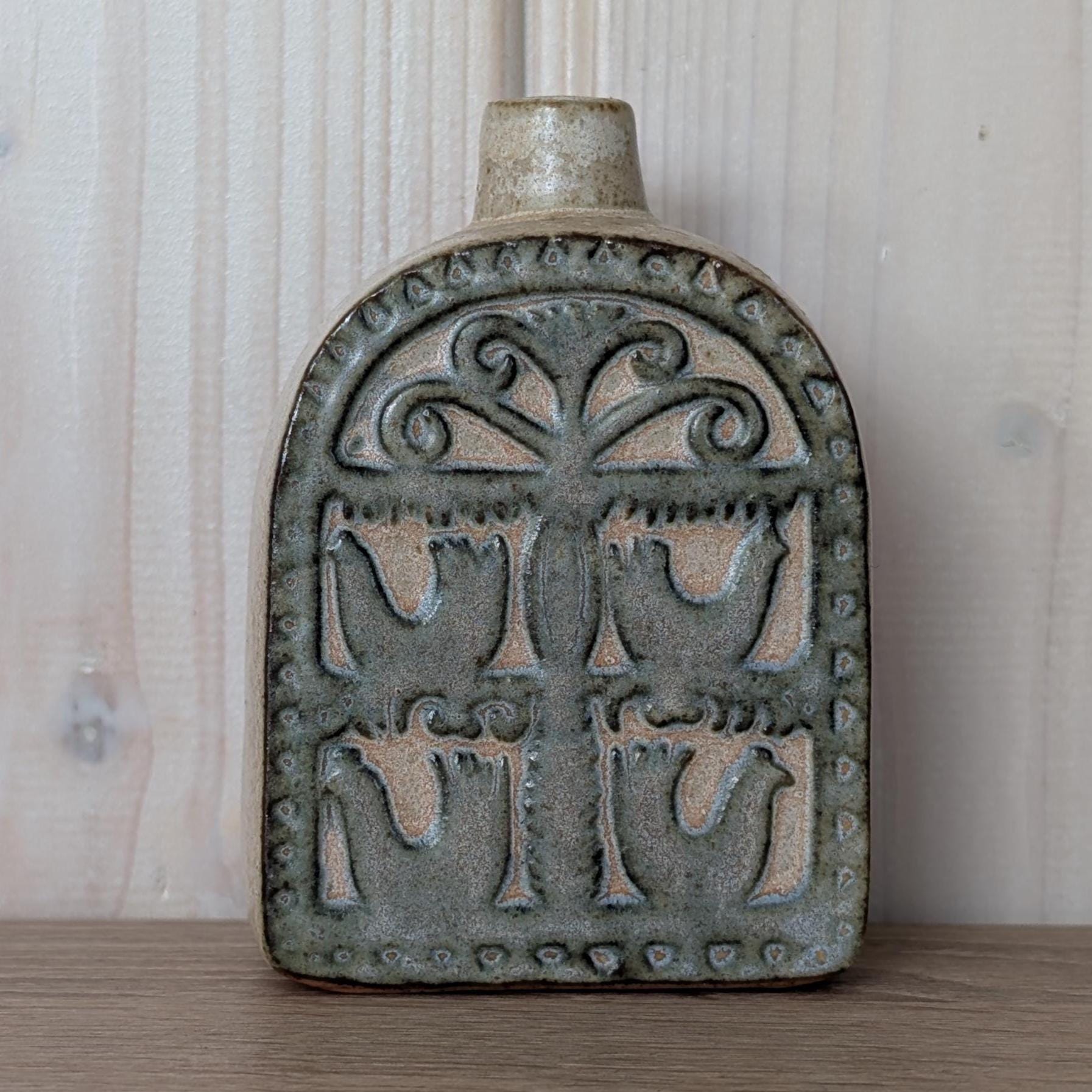 Vintage Høiness Norwegian Stoneware Bottle, Mid-Century Bird Motif Vase