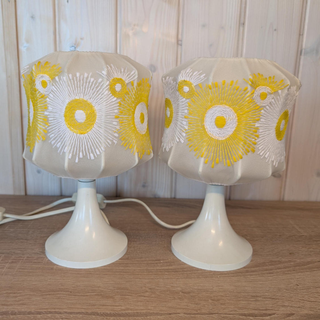 Vintage Tulip Base Lamps (Pair), Hand-Embroidered Sunburst Shades, Mid-Century Modern, Space Age Style, 1970s