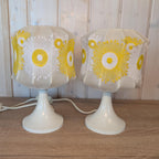 Vintage Tulip Base Lamps (Pair), Hand-Embroidered Sunburst Shades, Mid-Century Modern, Space Age Style, 1970s