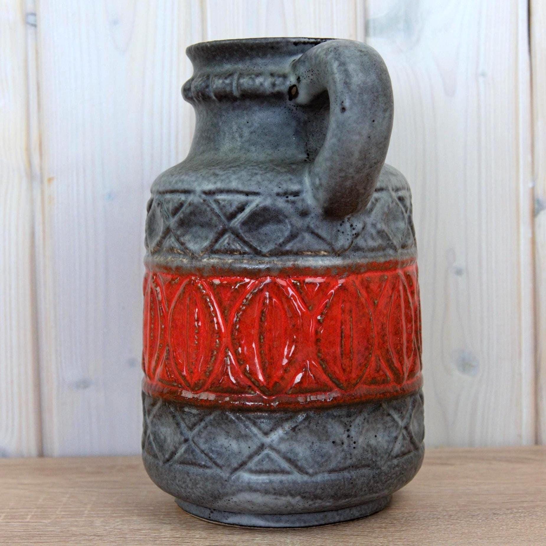 Bay Keramik 93-25 Vintage West German Pottery Jug, Mid Century Ceramic Pitcher Grey Red Relief Decor