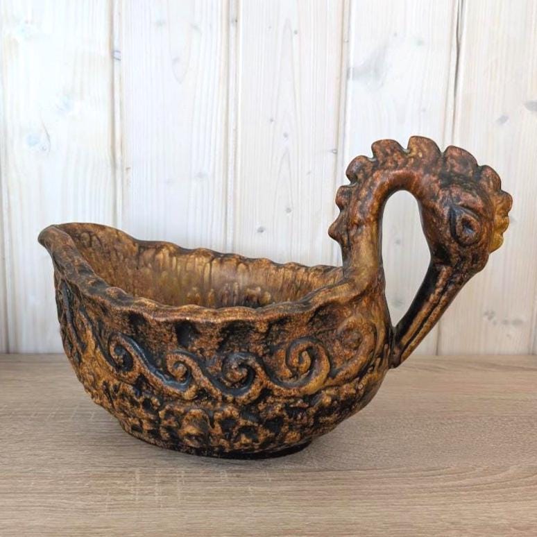 Jasba West Germany Bird Bowl Fat Lava, ølhøne Beer Hen, Brown Glaze, 1960s