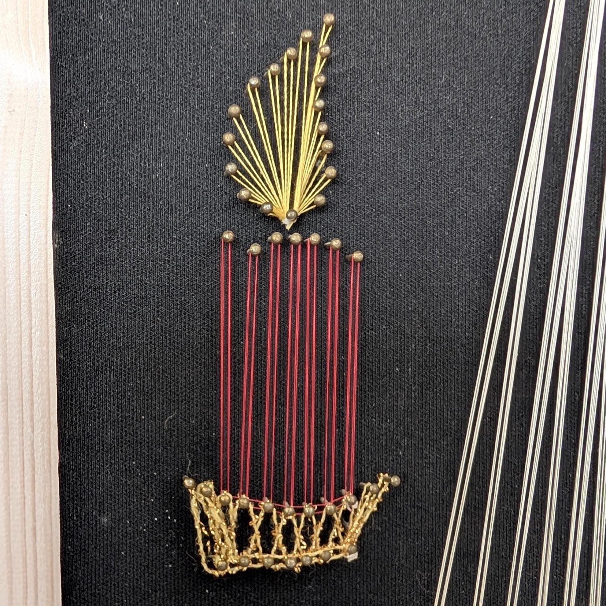 Vintage String Art Madonna with Candle, 1960s-1970s West German Wall Art, Black Velvet Religious Folk Art Panel, Gold Silver Red Thread
