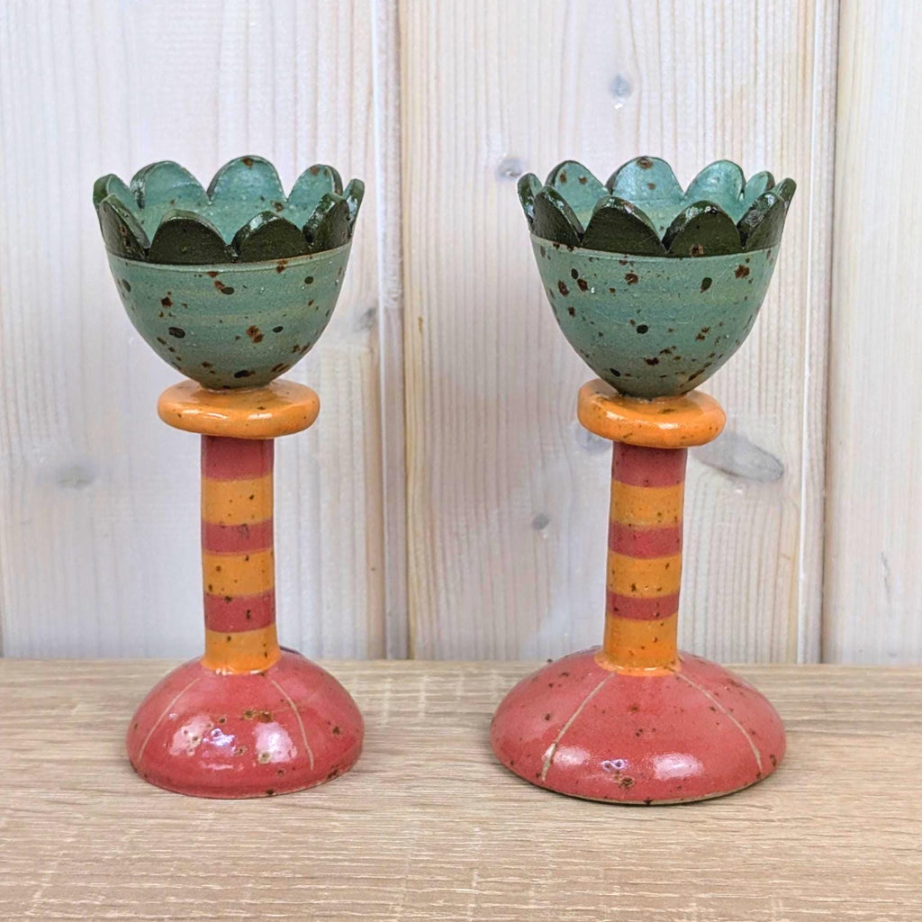 Keramik Kirchner Burkardroth Ceramic Candleholder Pair, Vintage German Studio Pottery Flower Cup, Egg Cup Taper Candle Holder Set of 2