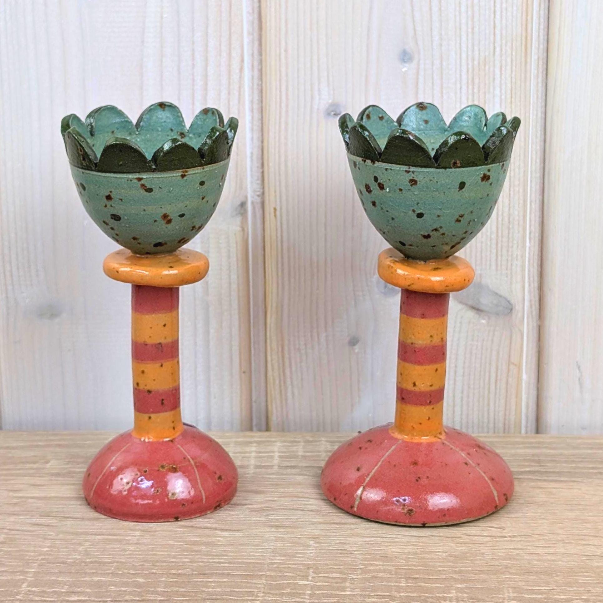 Keramik Kirchner Burkardroth Ceramic Candleholder Pair, Vintage German Studio Pottery Flower Cup, Egg Cup Taper Candle Holder Set of 2