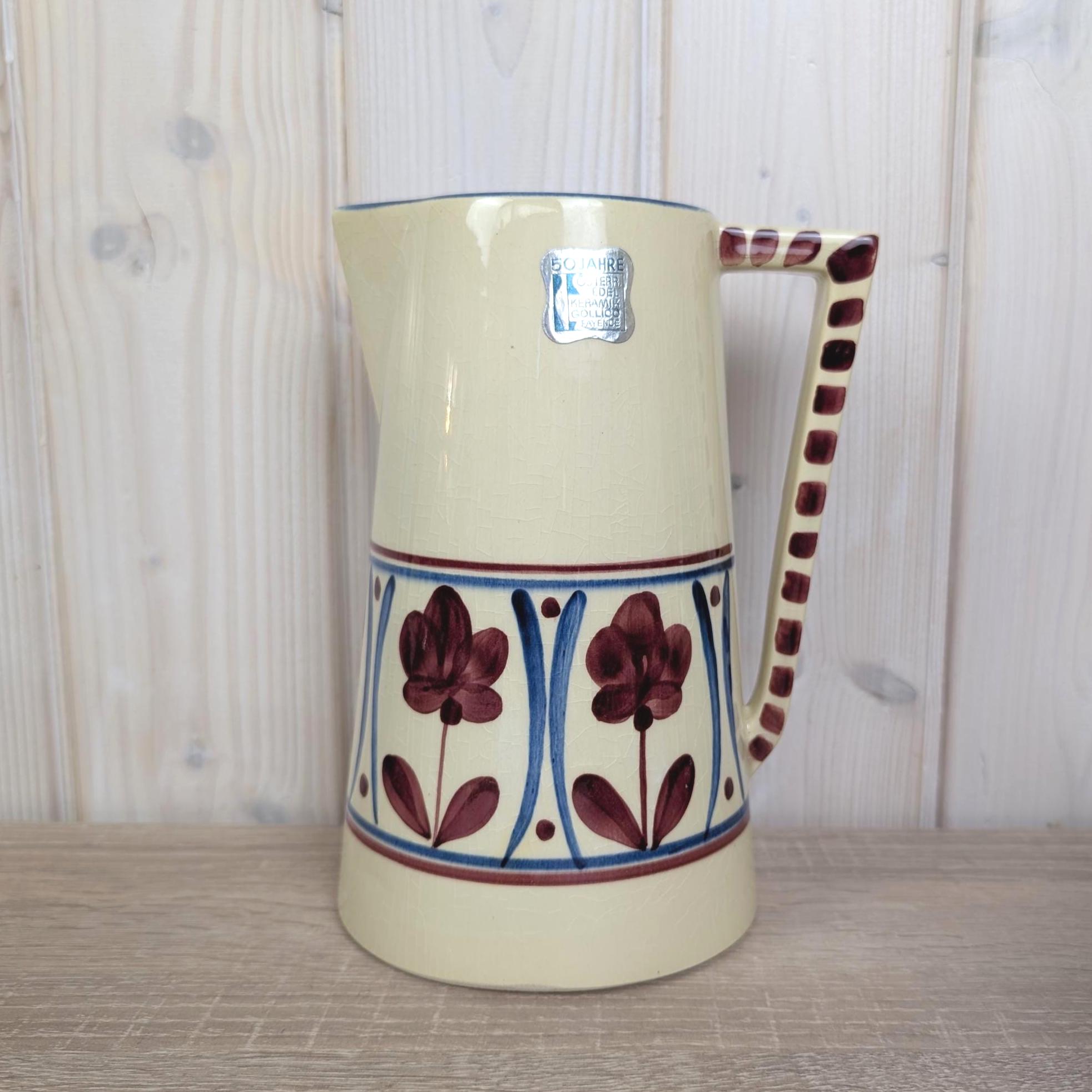 Vintage Gollico Austria ceramic pitcher set, hand painted floral design, 1960s pottery