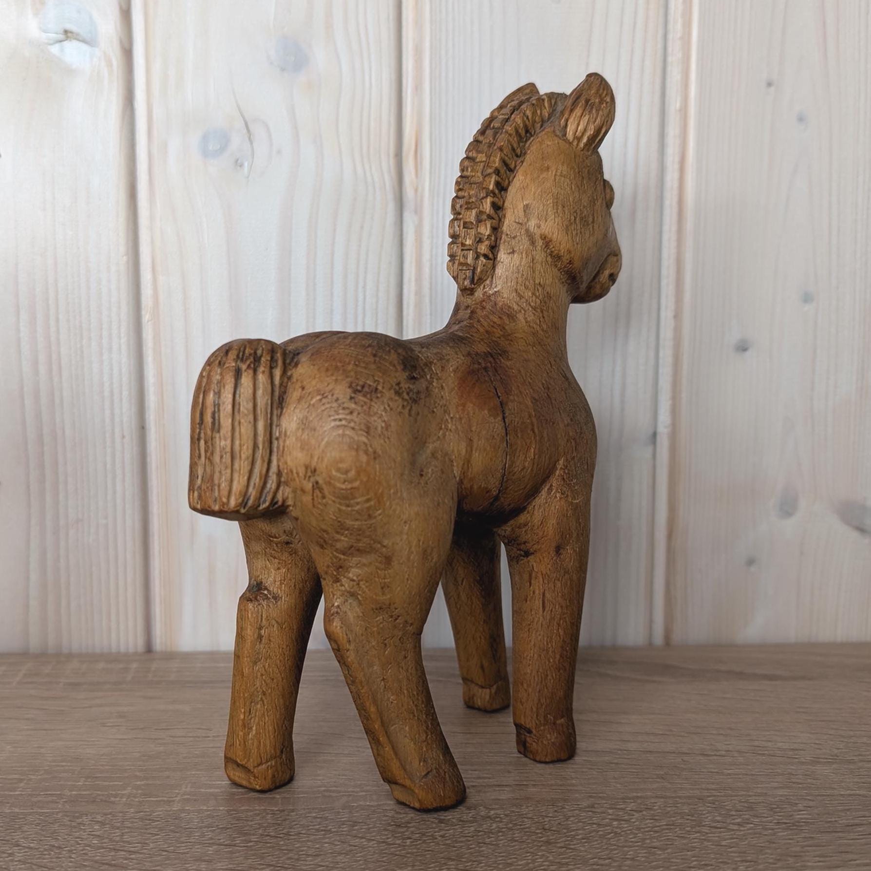 Vintage Unique Hand-Carved Wooden Horse Figurine, Scandinavian Folk Art Style, 1950s–1970s Rustic Decor