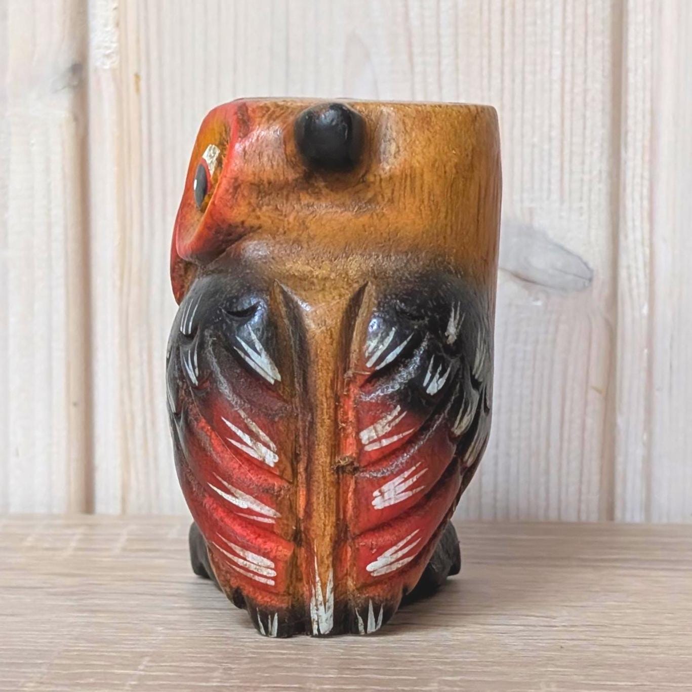 Hand Carved Wooden Owl Figurine, Painted Folk Art Sculpture, Wall Hanging, Vintage 1960s