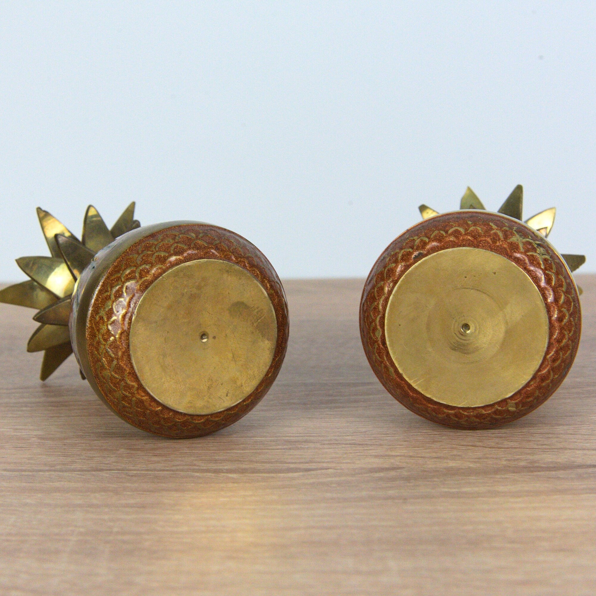 Adorable Cloisonné Pineapple Candle Holders - Vintage - Brass- Dragonfly & Flowers Enamel