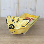 French Ceramic Pig Dish, Fait Main Handmade, Yellow Glaze Red Poppy, TDF Pottery, Quirky Folk Ceramic Tray, 1970s 1980s
