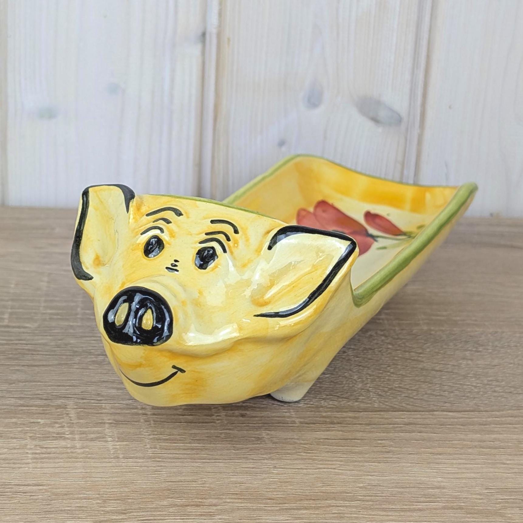 French Ceramic Pig Dish, Fait Main Handmade, Yellow Glaze Red Poppy, TDF Pottery, Quirky Folk Ceramic Tray, 1970s 1980s