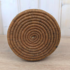 African Coiled Grass Basket with Lid, Geometric Pattern, Hand Woven, Natural Brown Black, Tribal Folk Art, 1970s 1980s