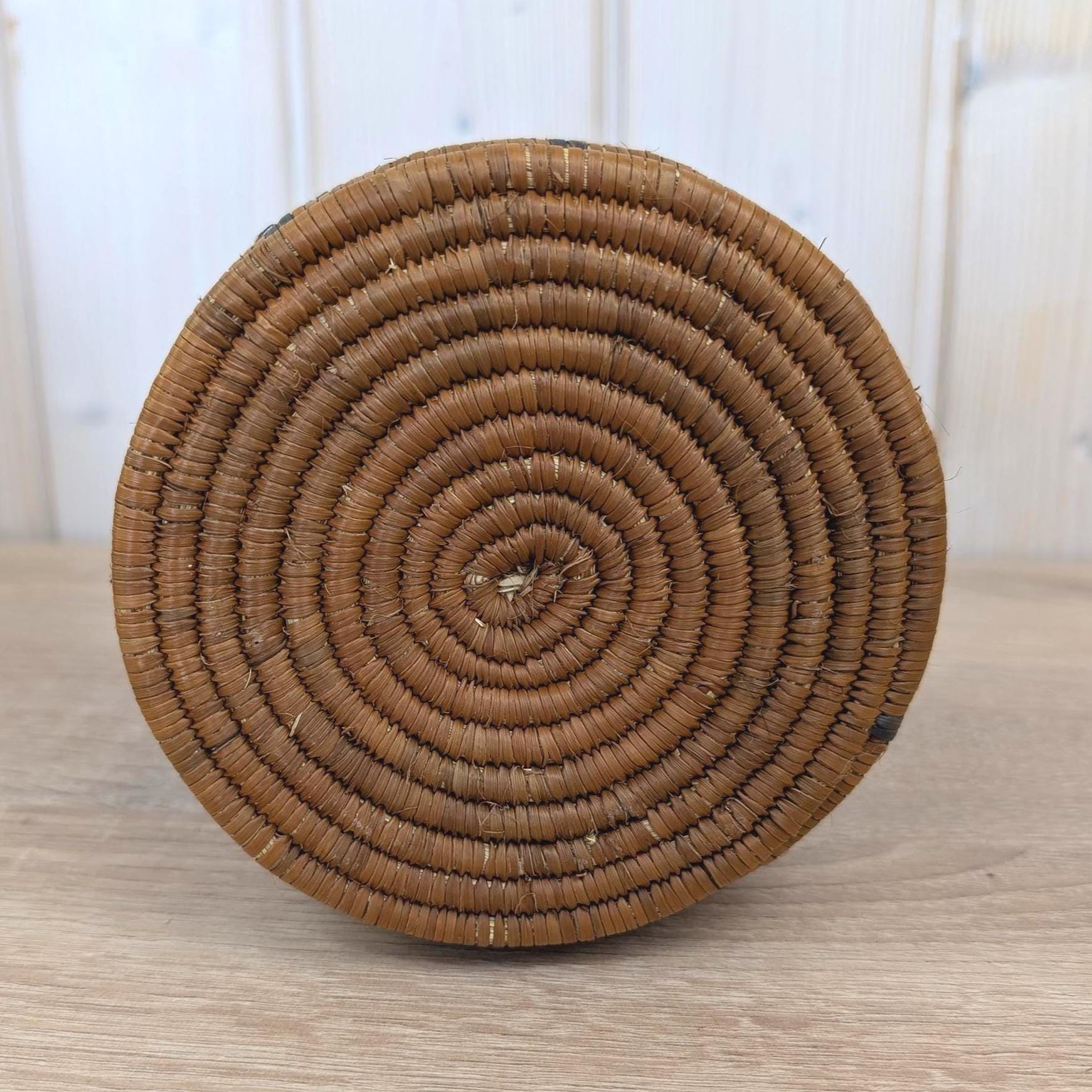 African Coiled Grass Basket with Lid, Geometric Pattern, Hand Woven, Natural Brown Black, Tribal Folk Art, 1970s 1980s